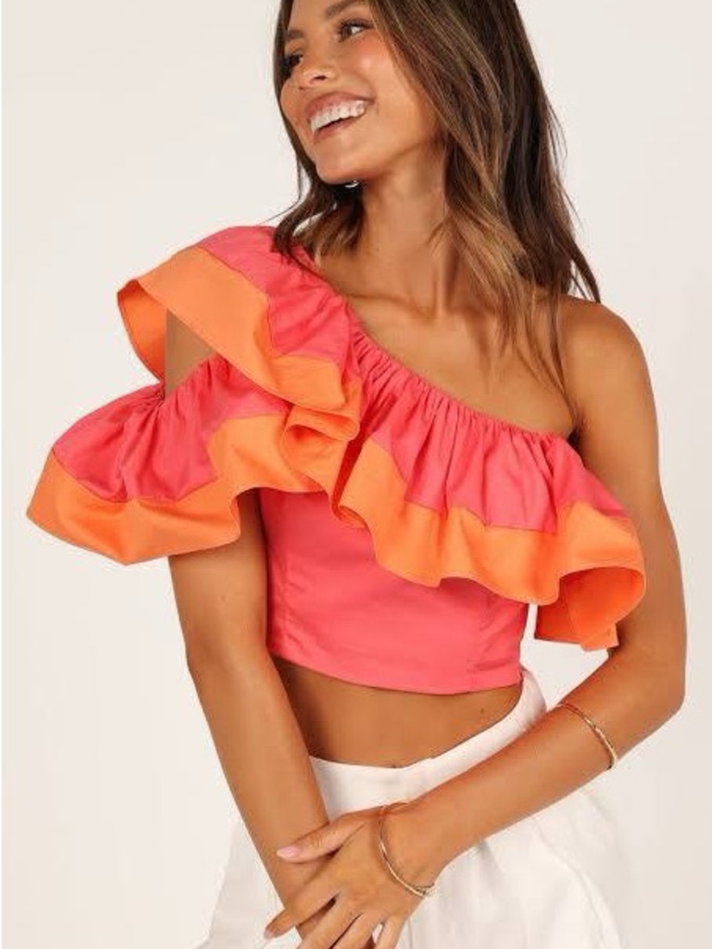 Asymmetric Ruffle Crop Top in Coral & Orange
